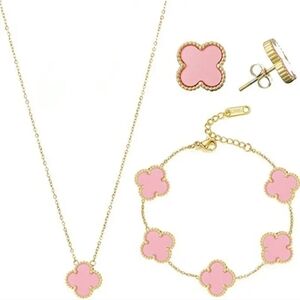 18K Gold Plated Pink Alhambra Clover Motifs Set of Bracelet Earrings & Necklace
